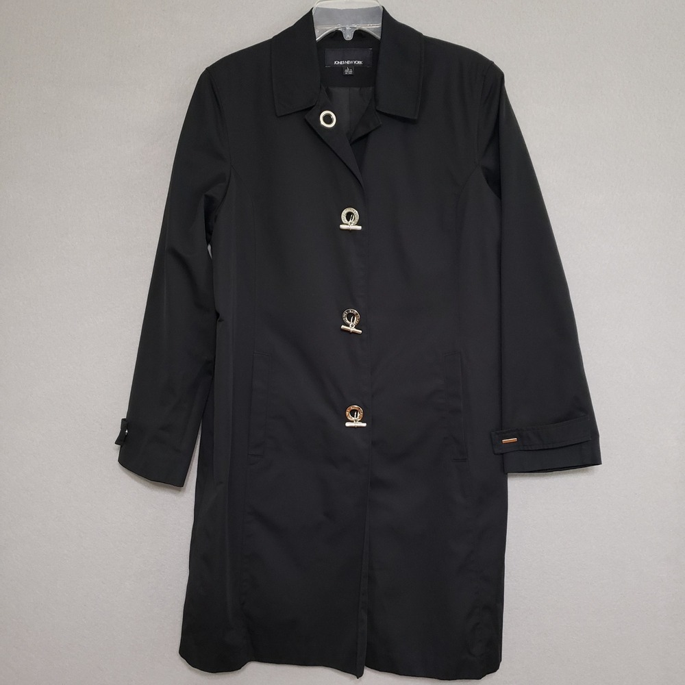 Jones New York Black Mid-Length Trench Coat Large Silver Toggle Hardware Classic